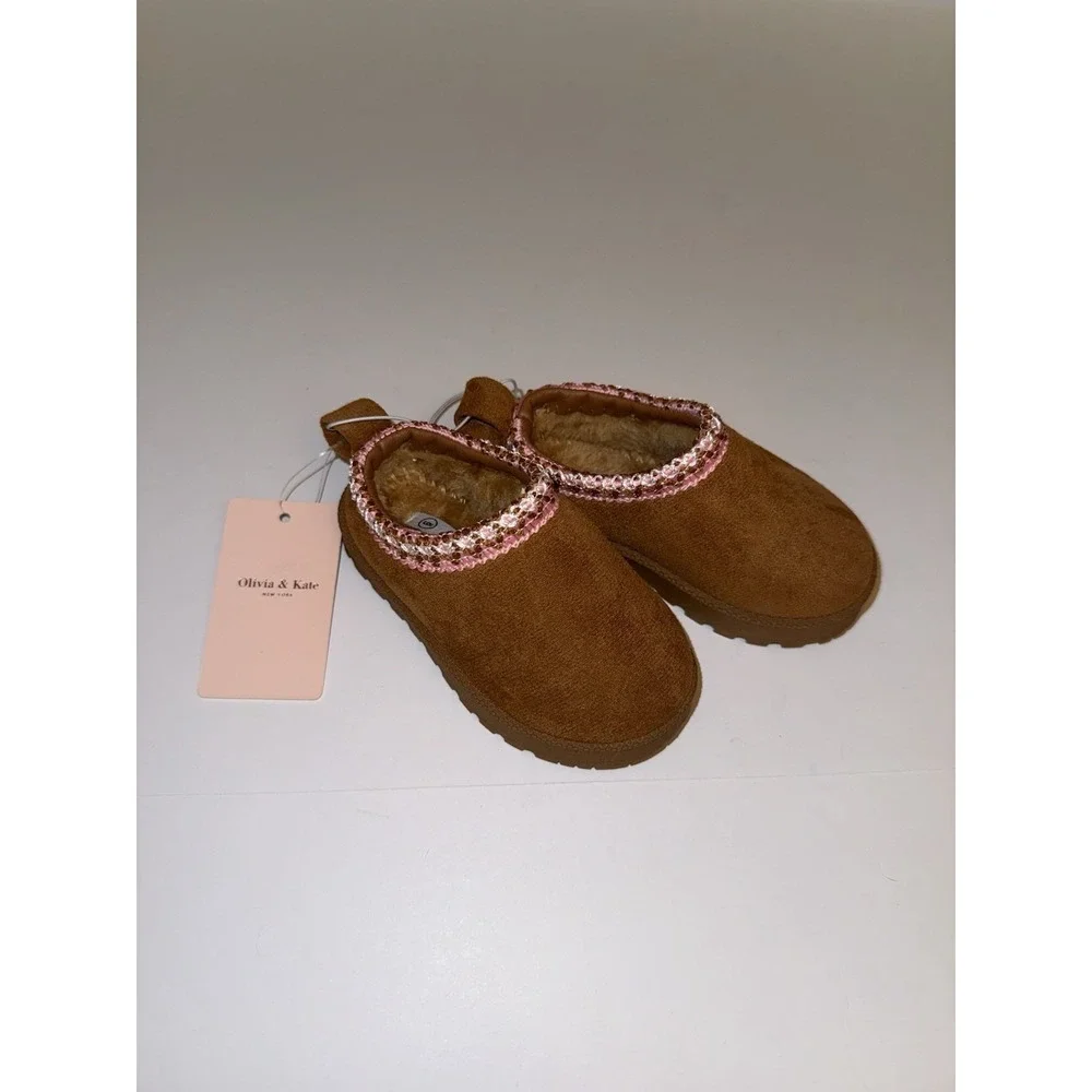 Olivia & Kate Girls Slippers Size 6 Brown Faux Fur Cozy Slip On NEW